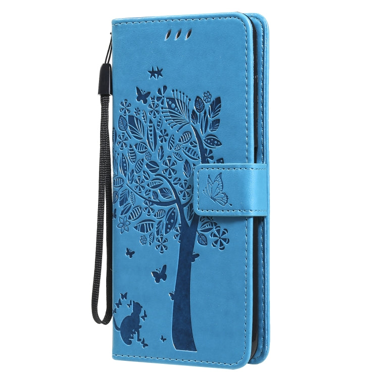 For Nokia G10 Tree & Cat Pattern Pressed Printing Horizontal Flip PU Leather Case with Holder & Card Slots & Wallet & Lanyard(Blue) - Nokia Cases by buy2fix | Online Shopping UK | buy2fix