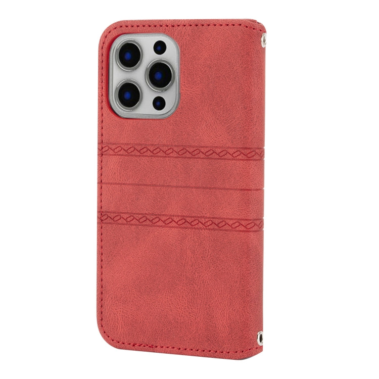 For iPhone 13 Embossed Striped Magnetic Buckle PU + TPU Horizontal Flip Leather Case with Holder & Card Slot & Wallet & Photo Frame & Sling(Red) - iPhone 13 Cases by buy2fix | Online Shopping UK | buy2fix