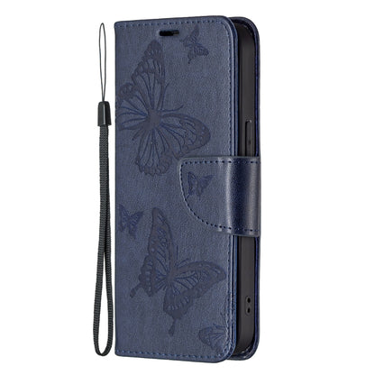 For iPhone 13 mini Embossing Two Butterflies Pattern Horizontal Flip PU Leather Case with Holder & Card Slot & Wallet & Lanyard (Blue) - iPhone 13 mini Cases by buy2fix | Online Shopping UK | buy2fix