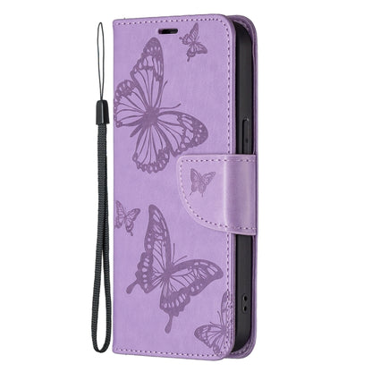 For iPhone 13 mini Embossing Two Butterflies Pattern Horizontal Flip PU Leather Case with Holder & Card Slot & Wallet & Lanyard (Purple) - iPhone 13 mini Cases by buy2fix | Online Shopping UK | buy2fix