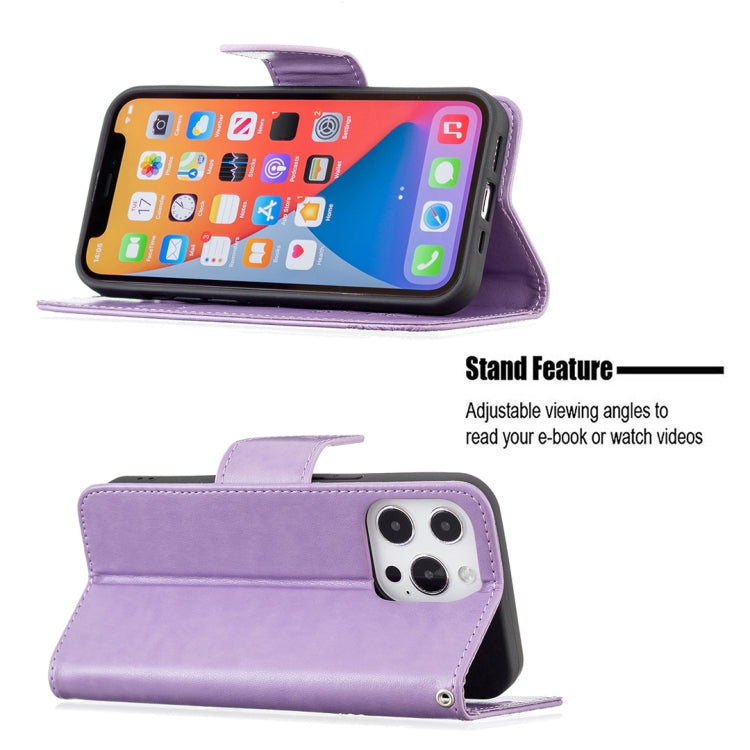 For iPhone 13 mini Embossing Two Butterflies Pattern Horizontal Flip PU Leather Case with Holder & Card Slot & Wallet & Lanyard (Purple) - iPhone 13 mini Cases by buy2fix | Online Shopping UK | buy2fix