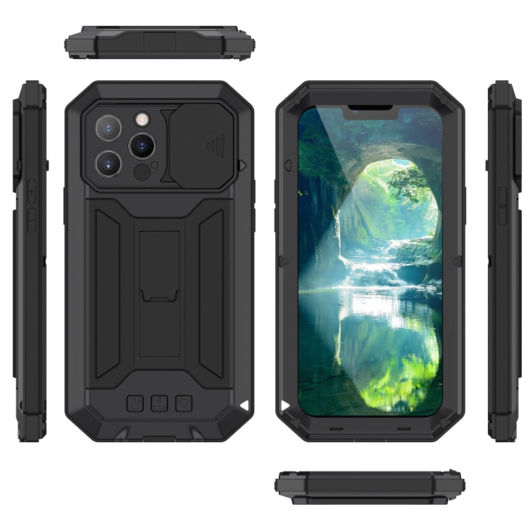 For iPhone 13 Pro Max R-JUST Sliding Camera Shockproof Life Waterproof Dust-proof Metal + Silicone Protective Case with Holder (Black) - iPhone 13 Pro Max Cases by R-JUST | Online Shopping UK | buy2fix