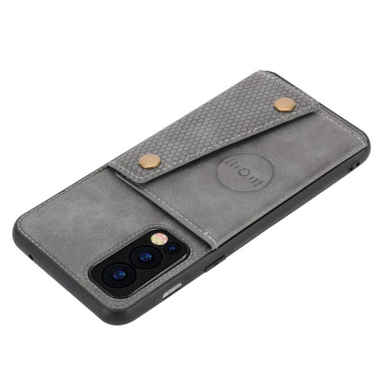 For OnePlus Nord 2 5G Double Buckle PU + TPU Shockproof Magnetic Protective Case with Card Slot & Holder(Grey) - OnePlus Cases by buy2fix | Online Shopping UK | buy2fix