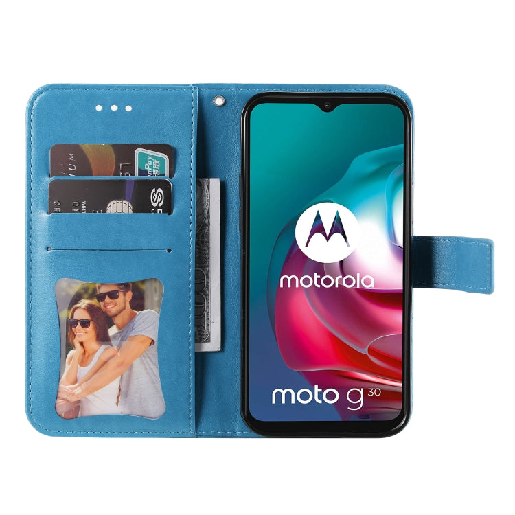 7-petal Flowers Embossing Pattern Horizontal Flip PU Leather Case with Holder & Card Slots & Wallet & Photo Frame For Motorola Moto G30 / G10 / G10 Power / G20(Blue) - Motorola Cases by buy2fix | Online Shopping UK | buy2fix