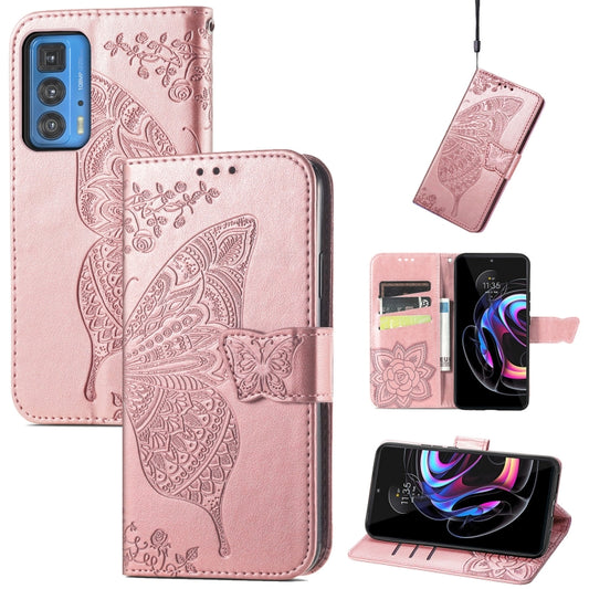 Butterfly Love Flowers Embossed Horizontal Flip Leather Case with Holder & Card Slots & Wallet & Lanyard For Motorola Edge 20 Pro(Rose Gold) - Motorola Cases by buy2fix | Online Shopping UK | buy2fix