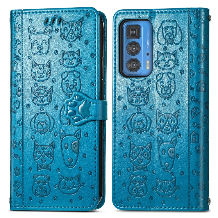 For Motorola Edge 20 Pro Lovely Cat and Dog Embossing Pattern Horizontal Flip Leather Case , with Holder & Card Slots & Wallet & Cartoon Clasp & Lanyard(Blue) - Motorola Cases by buy2fix | Online Shopping UK | buy2fix