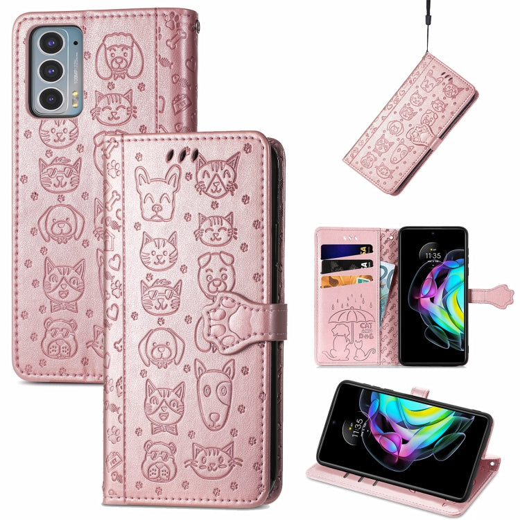 For Motorola Moto Edge 20 Lovely Cat and Dog Embossing Pattern Horizontal Flip Leather Case , with Holder & Card Slots & Wallet & Cartoon Clasp & Lanyard(Rose Gold) - Motorola Cases by buy2fix | Online Shopping UK | buy2fix