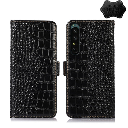 For Sony Xperia 1 IV Crocodile Top Layer Cowhide Leather Phone Case(Black) - Sony Cases by buy2fix | Online Shopping UK | buy2fix