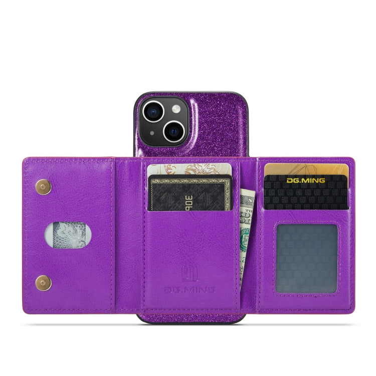 For iPhone 14 Plus DG.MING M3 Series Glitter Powder Card Bag Leather Case(Dark Purple) - iPhone 14 Plus Cases by DG.MING | Online Shopping UK | buy2fix