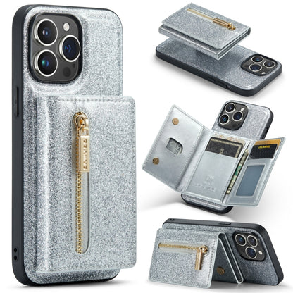 For iPhone 14 Pro DG.MING M3 Series Glitter Powder Card Bag Leather Case(Silver) - iPhone 14 Pro Cases by DG.MING | Online Shopping UK | buy2fix