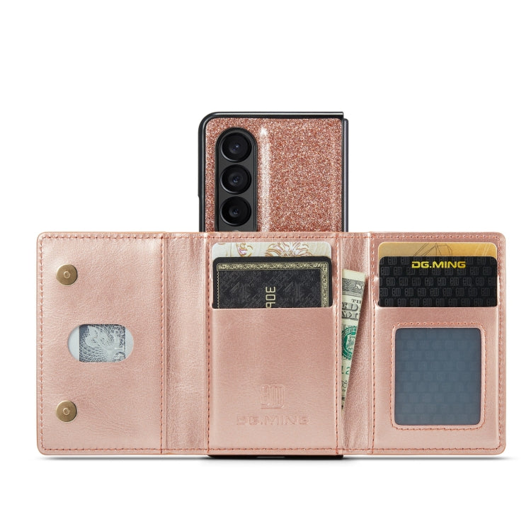 For Samsung Galaxy Z Fold4 5G DG.MING M3 Series Glitter Powder Card Bag Leather Case(Rose Gold) - Galaxy Phone Cases by DG.MING | Online Shopping UK | buy2fix