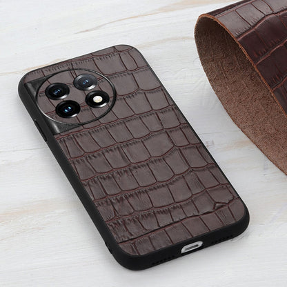 For OnePlus 11 5G Accurate Hole Crocodile Texture Genuine Leather Phone Case(Brown) - OnePlus Cases by buy2fix | Online Shopping UK | buy2fix