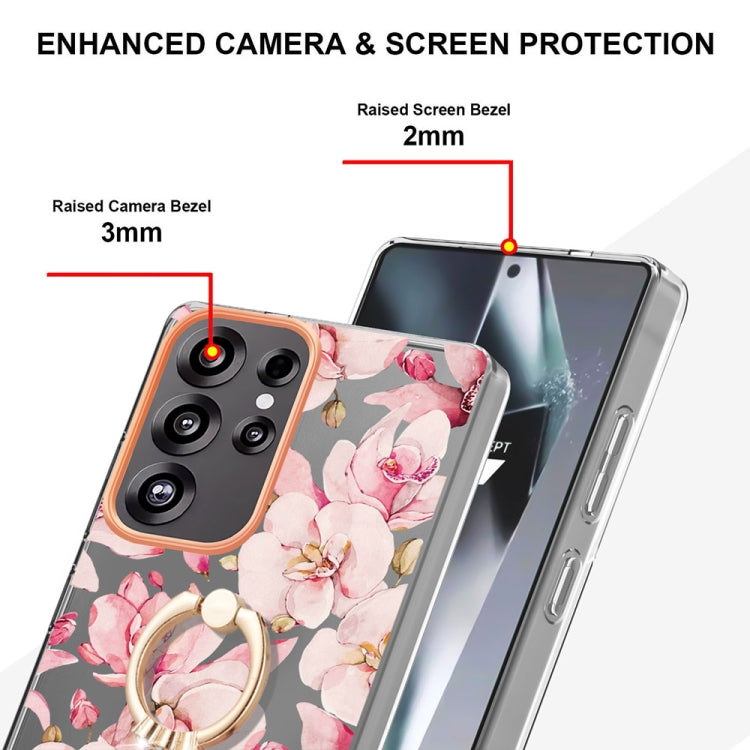 For Samsung Galaxy S25 Ultra 5G Flowers and Plants Series IMD TPU Phone Case with Ring Holder(Pink Gardenia) - Galaxy S25 Ultra 5G Cases by buy2fix | Online Shopping UK | buy2fix