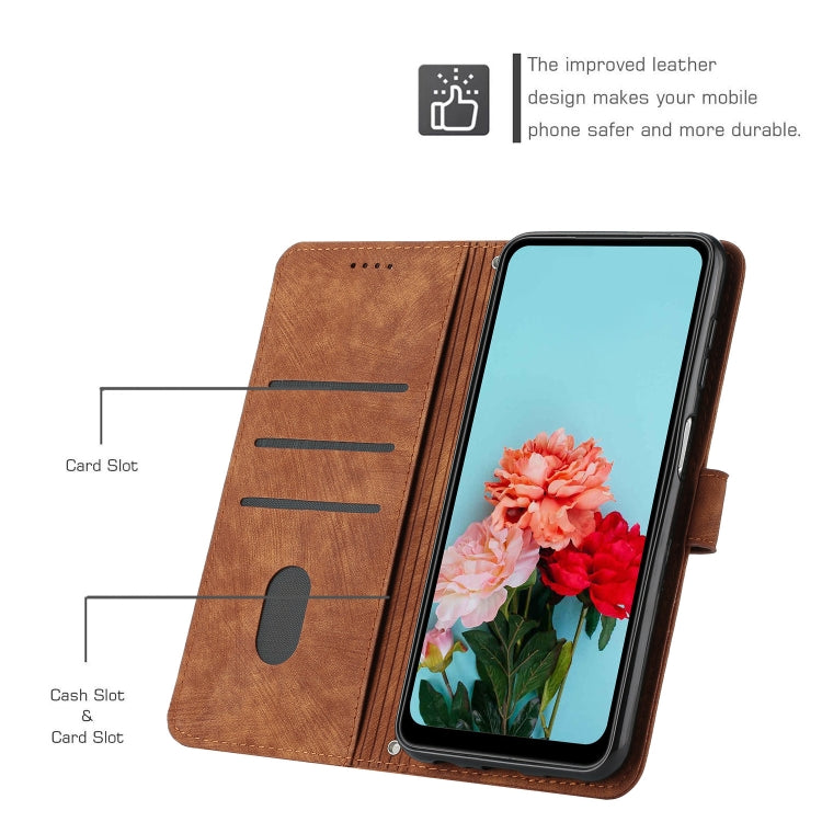 For OnePlus 11 Skin Feel Stripe Pattern Leather Phone Case with Lanyard(Brown) - OnePlus Cases by buy2fix | Online Shopping UK | buy2fix