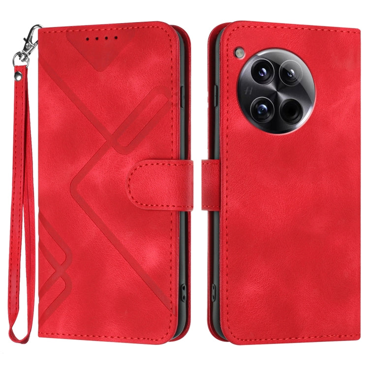 For OnePlus 12 Line Pattern Skin Feel Leather Phone Case(Red) - OnePlus Cases by buy2fix | Online Shopping UK | buy2fix