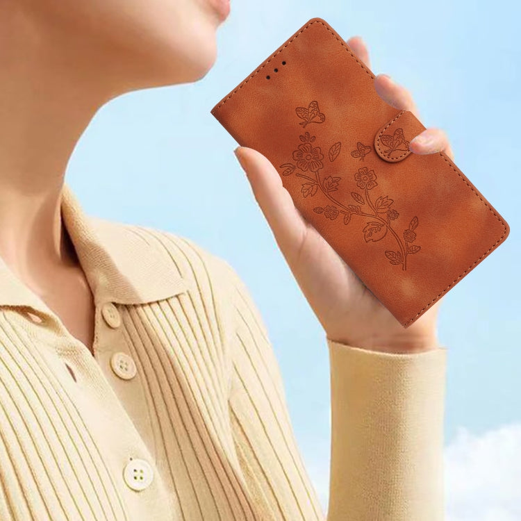 For iPhone 16 Flower Butterfly Embossing Pattern Leather Phone Case(Brown) - iPhone 16 Cases by buy2fix | Online Shopping UK | buy2fix