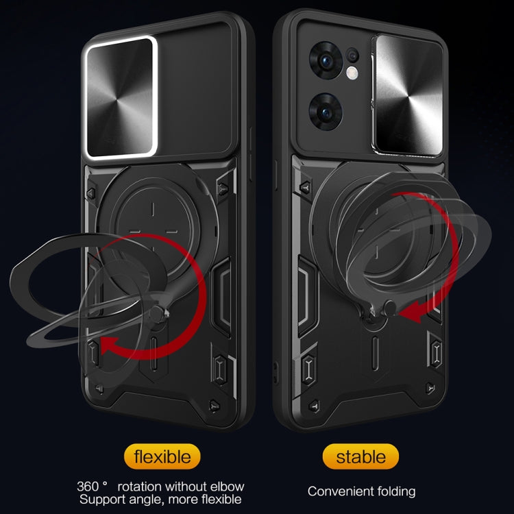 For OPPO Reno7 5G CD Texture Sliding Camshield Magnetic Holder Phone Case(Blue) - OPPO Cases by buy2fix | Online Shopping UK | buy2fix