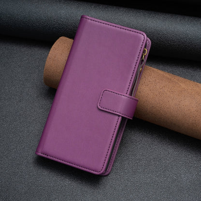 For iPhone 16 9 Card Slots Zipper Wallet Leather Flip Phone Case(Dark Purple) - iPhone 16 Cases by buy2fix | Online Shopping UK | buy2fix