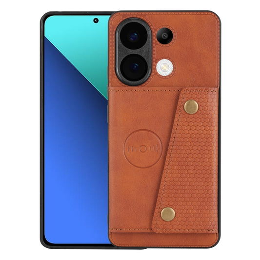 For Xiaomi Redmi Note 13 4G Global Double Buckle Card Slots Magnetic Phone Case(Brown) - Note 13 Cases by buy2fix | Online Shopping UK | buy2fix