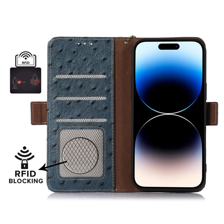 For OnePlus 13 Ostrich Pattern Genuine Leather RFID Phone Case(Blue) - OnePlus Cases by buy2fix | Online Shopping UK | buy2fix