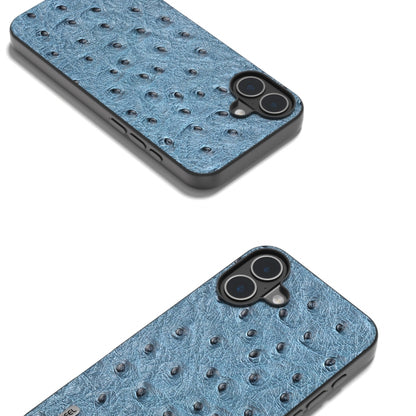 For iPhone 16 ABEEL Genuine Leather Ostrich Texture Phone Case(Blue) - iPhone 16 Cases by buy2fix | Online Shopping UK | buy2fix