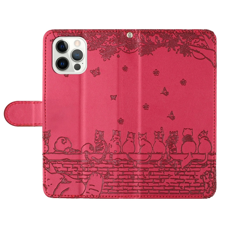 For iPhone 16 Pro Max Cat Embossing Pattern Leather Phone Case with Lanyard(Red) - iPhone 16 Pro Max Cases by buy2fix | Online Shopping UK | buy2fix