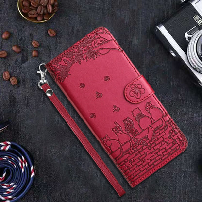 For iPhone 16 Pro Cat Embossing Pattern Leather Phone Case with Lanyard(Red) - iPhone 16 Pro Cases by buy2fix | Online Shopping UK | buy2fix