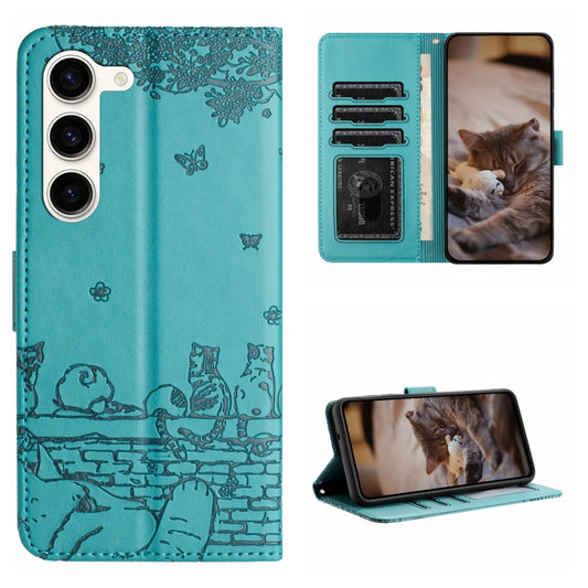 For Samsung Galaxy S23+ Cat Embossing Pattern Leather Phone Case with Lanyard(Blue) - Galaxy S23+ 5G Cases by buy2fix | Online Shopping UK | buy2fix