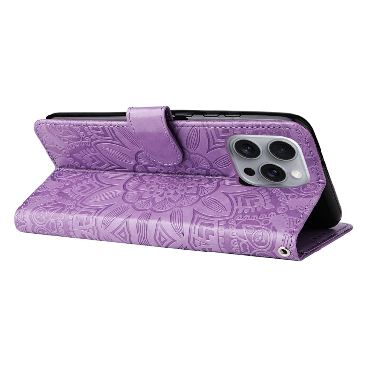 For iPhone 16 Pro Max Embossed Sunflower Leather Phone Case(Purple) - iPhone 16 Pro Max Cases by buy2fix | Online Shopping UK | buy2fix