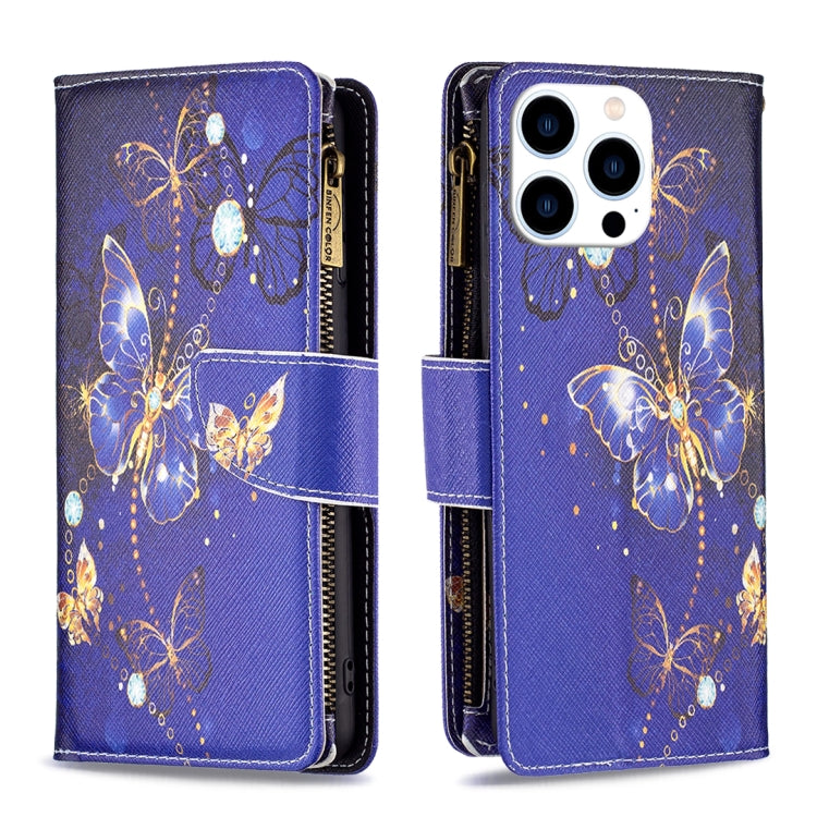 For iPhone 16 Pro Max Colored Drawing Pattern Zipper Phone Leather Case(Purple Butterfly) - iPhone 16 Pro Max Cases by buy2fix | Online Shopping UK | buy2fix