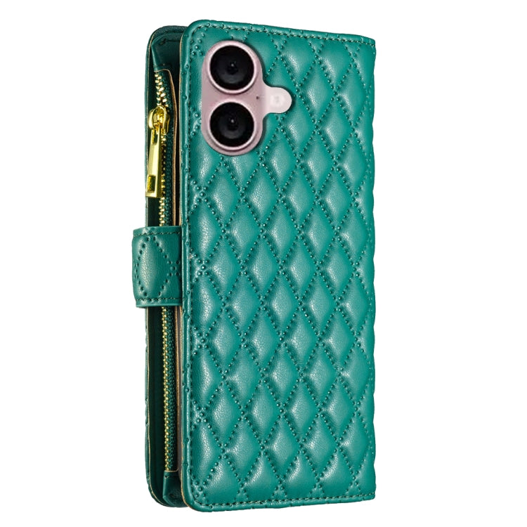 For iPhone 16 Diamond Lattice Zipper Wallet Leather Flip Phone Case(Green) - iPhone 16 Cases by buy2fix | Online Shopping UK | buy2fix