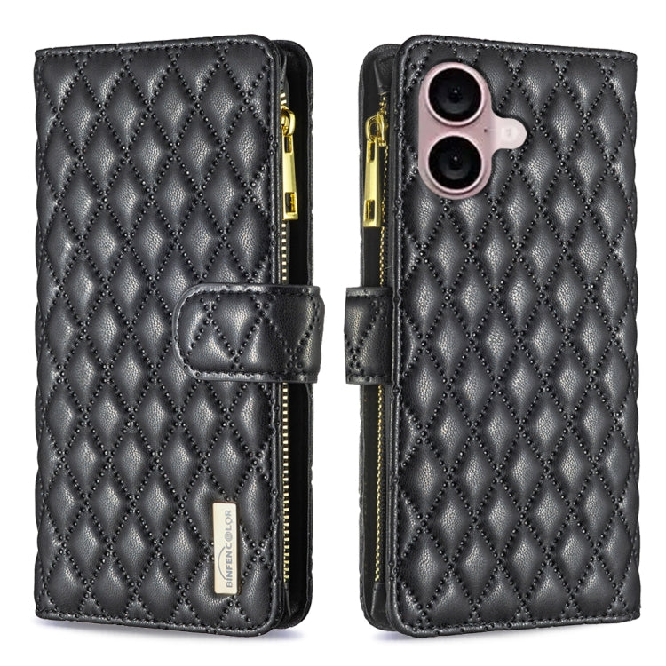 For iPhone 16 Diamond Lattice Zipper Wallet Leather Flip Phone Case(Black) - iPhone 16 Cases by buy2fix | Online Shopping UK | buy2fix