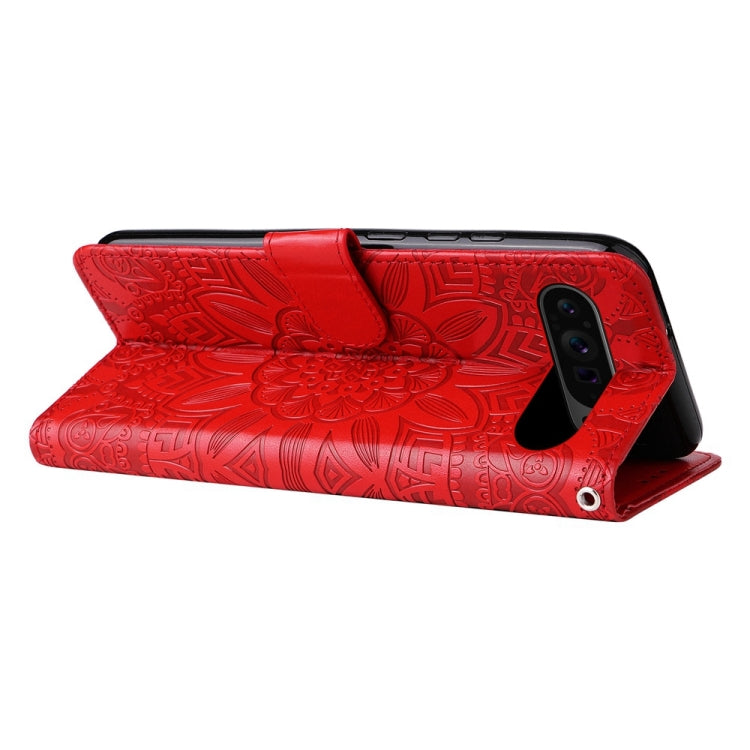 For Google Pixel 9 Pro Embossed Sunflower Leather Phone Case(Red) - Google Cases by buy2fix | Online Shopping UK | buy2fix