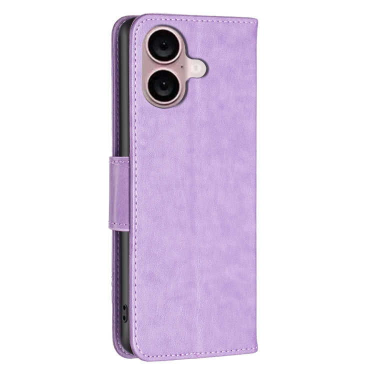 For iPhone 16 Embossing Two Butterflies Pattern Leather Phone Case(Purple) - iPhone 16 Cases by buy2fix | Online Shopping UK | buy2fix