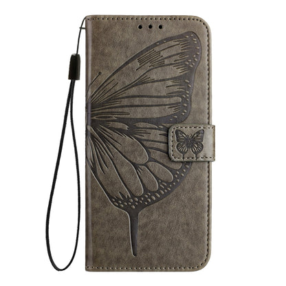 For iPhone 16 Plus Embossed Butterfly Leather Phone Case(Grey) - iPhone 16 Plus Cases by buy2fix | Online Shopping UK | buy2fix