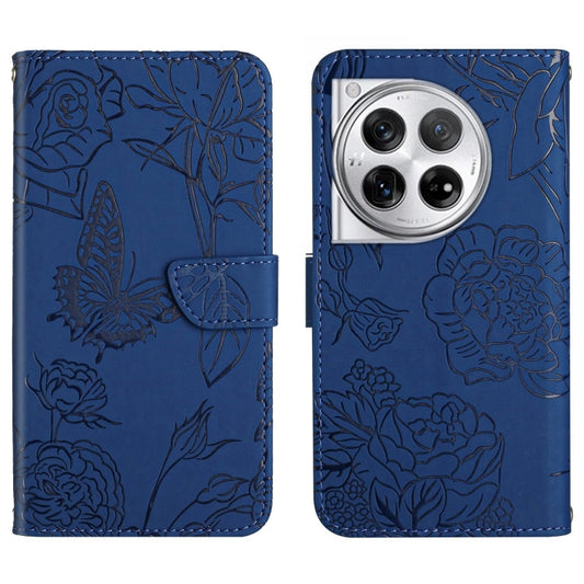 For OnePlus 12 5G Global Skin Feel Butterfly Peony Embossed Leather Phone Case(Blue) - OnePlus Cases by buy2fix | Online Shopping UK | buy2fix