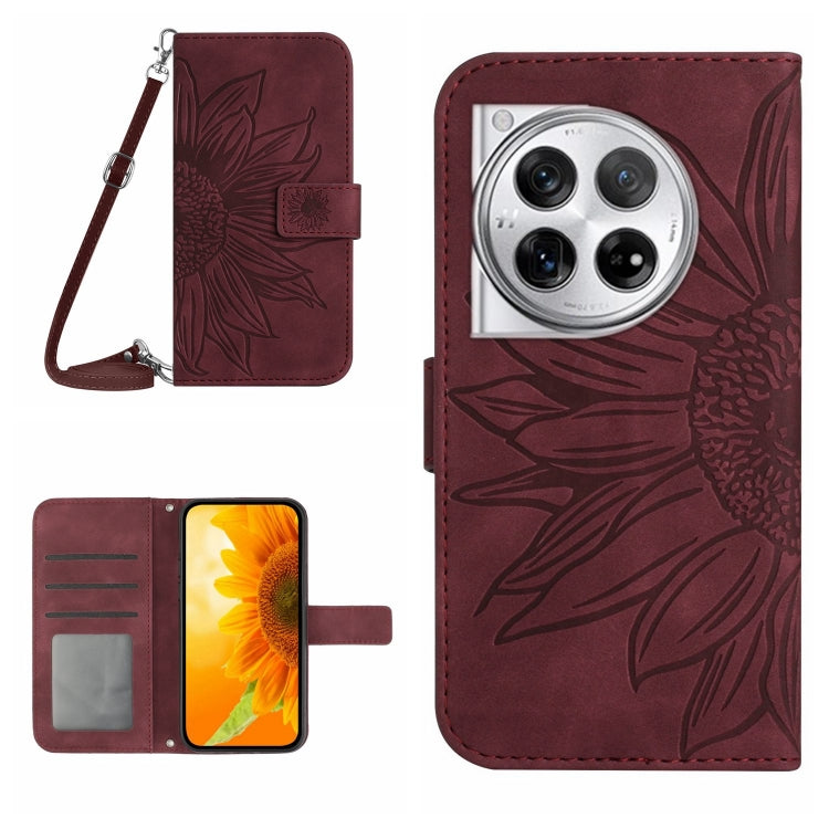 For OnePlus 12 5G Global Skin Feel Sun Flower Embossed Leather Phone Case with Lanyard(Wine Red) - OnePlus Cases by buy2fix | Online Shopping UK | buy2fix