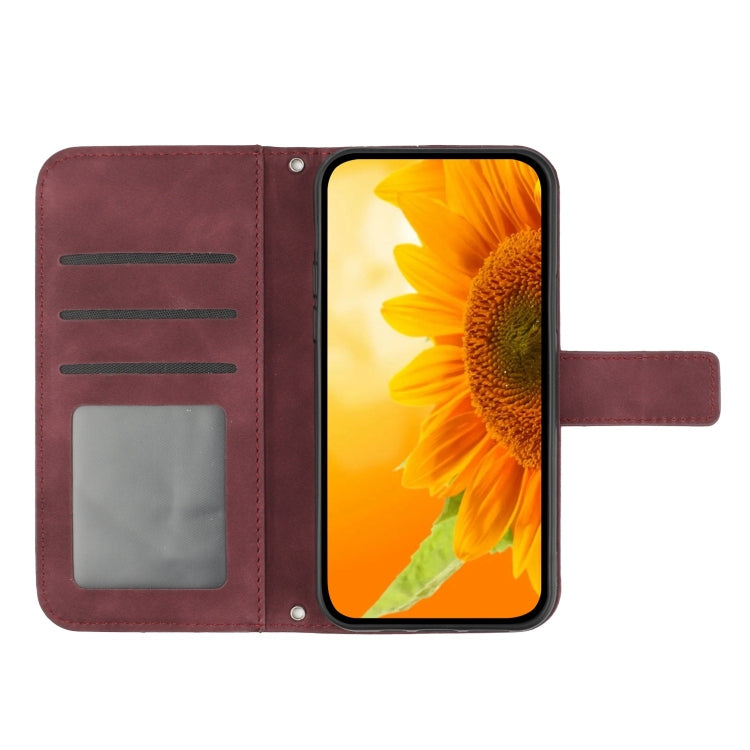 For OnePlus 12 5G Global Skin Feel Sun Flower Embossed Leather Phone Case with Lanyard(Wine Red) - OnePlus Cases by buy2fix | Online Shopping UK | buy2fix