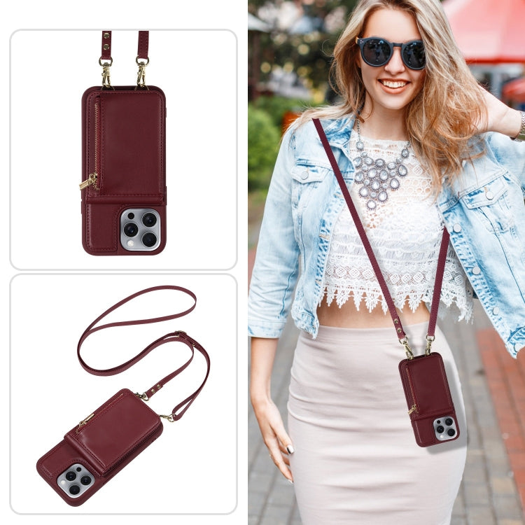 For iPhone 16 Pro Max Crossbody Lanyard Zipper Wallet Leather Phone Case(Wine Red) - iPhone 16 Pro Max Cases by buy2fix | Online Shopping UK | buy2fix