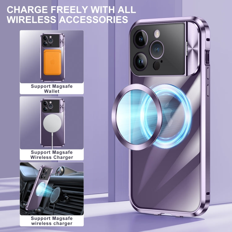 For iPhone 15 Pro Max Large Window Holder MagSafe Magnetic Metal Phone Case(Purple) - iPhone 15 Pro Max Cases by buy2fix | Online Shopping UK | buy2fix