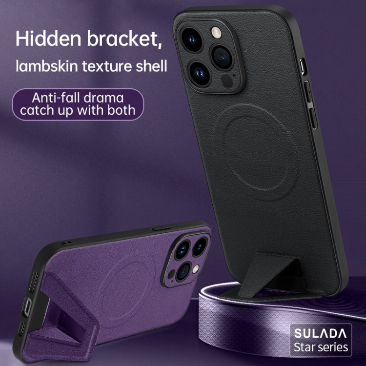 For iPhone 14 Pro SULADA Folding Holder Lambskin Texture MagSafe Phone Case(Black) - iPhone 14 Pro Cases by SULADA | Online Shopping UK | buy2fix