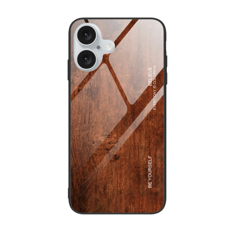 For iPhone 16 Wood Grain Glass Phone Case(Dark Brown) - iPhone 16 Cases by buy2fix | Online Shopping UK | buy2fix