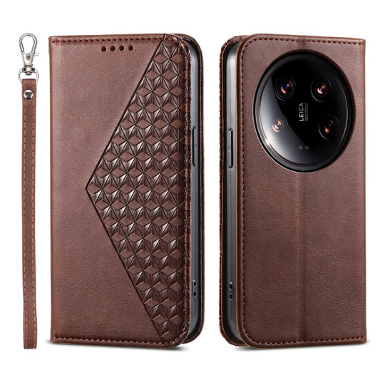 For Xiaomi 14 Ultra Cubic Grid Calf Texture Magnetic Leather Phone Case(Brown) - 14 Ultra Cases by buy2fix | Online Shopping UK | buy2fix