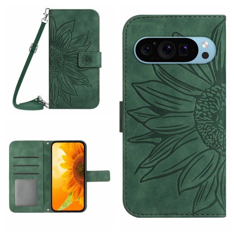 For Google Pixel 9 Skin Feel Sun Flower Embossed Flip Leather Phone Case with Lanyard(Green) - Google Cases by buy2fix | Online Shopping UK | buy2fix