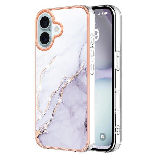 For iPhone 16 Electroplating Marble Pattern Dual-side IMD TPU Shockproof Phone Case (White 006) - iPhone 16 Cases by buy2fix | Online Shopping UK | buy2fix