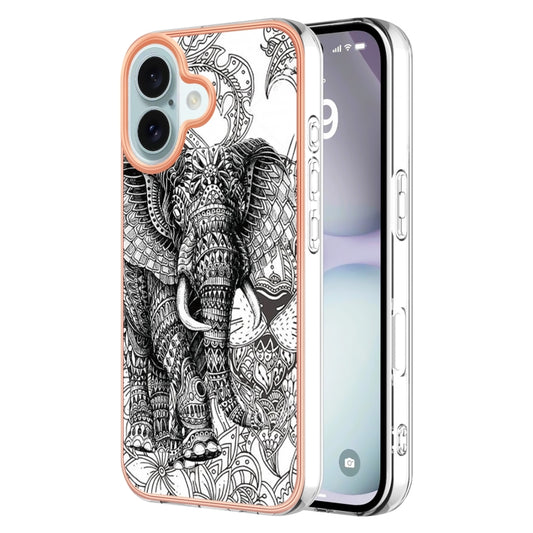 For iPhone 16 Electroplating Marble Dual-side IMD Phone Case(Totem Elephant) - iPhone 16 Cases by buy2fix | Online Shopping UK | buy2fix