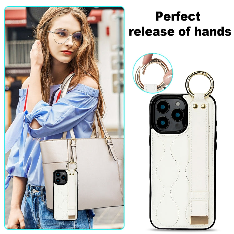 For iPhone 16 Pro Non-slip Full Coverage Ring PU Phone Case with Wristband(White) - iPhone 16 Pro Cases by buy2fix | Online Shopping UK | buy2fix