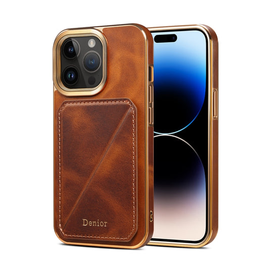 For iPhone 15 Pro Max Denior Oil Wax Leather Electroplating Card Slot Holder Phone Case(Brown) - iPhone 15 Pro Max Cases by Denior | Online Shopping UK | buy2fix