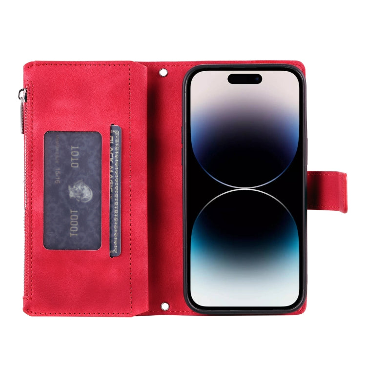 For iPhone 16 Multi-Card Totem Zipper Leather Phone Case(Red) - iPhone 16 Cases by buy2fix | Online Shopping UK | buy2fix