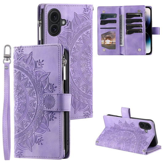 For iPhone 16 Multi-Card Totem Zipper Leather Phone Case(Purple) - iPhone 16 Cases by buy2fix | Online Shopping UK | buy2fix